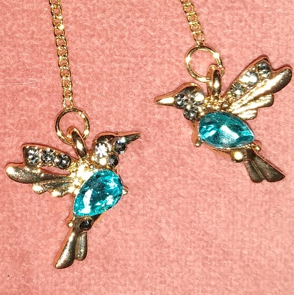 Long Blue Hummingbird Flutter Charm Threader Chain Earrings Gold Bird Dangles - Picture 2 of 5